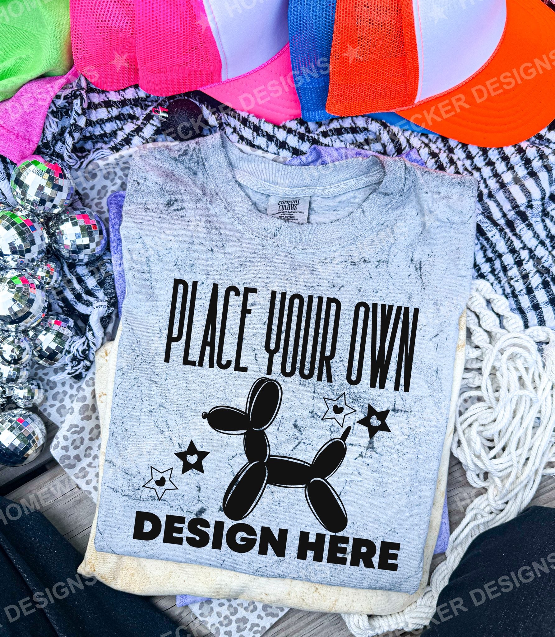 Blank Comfort Colors Colorblast t-shirt in Smoke, flat lay mockup photo from Homewrecker Design Shop