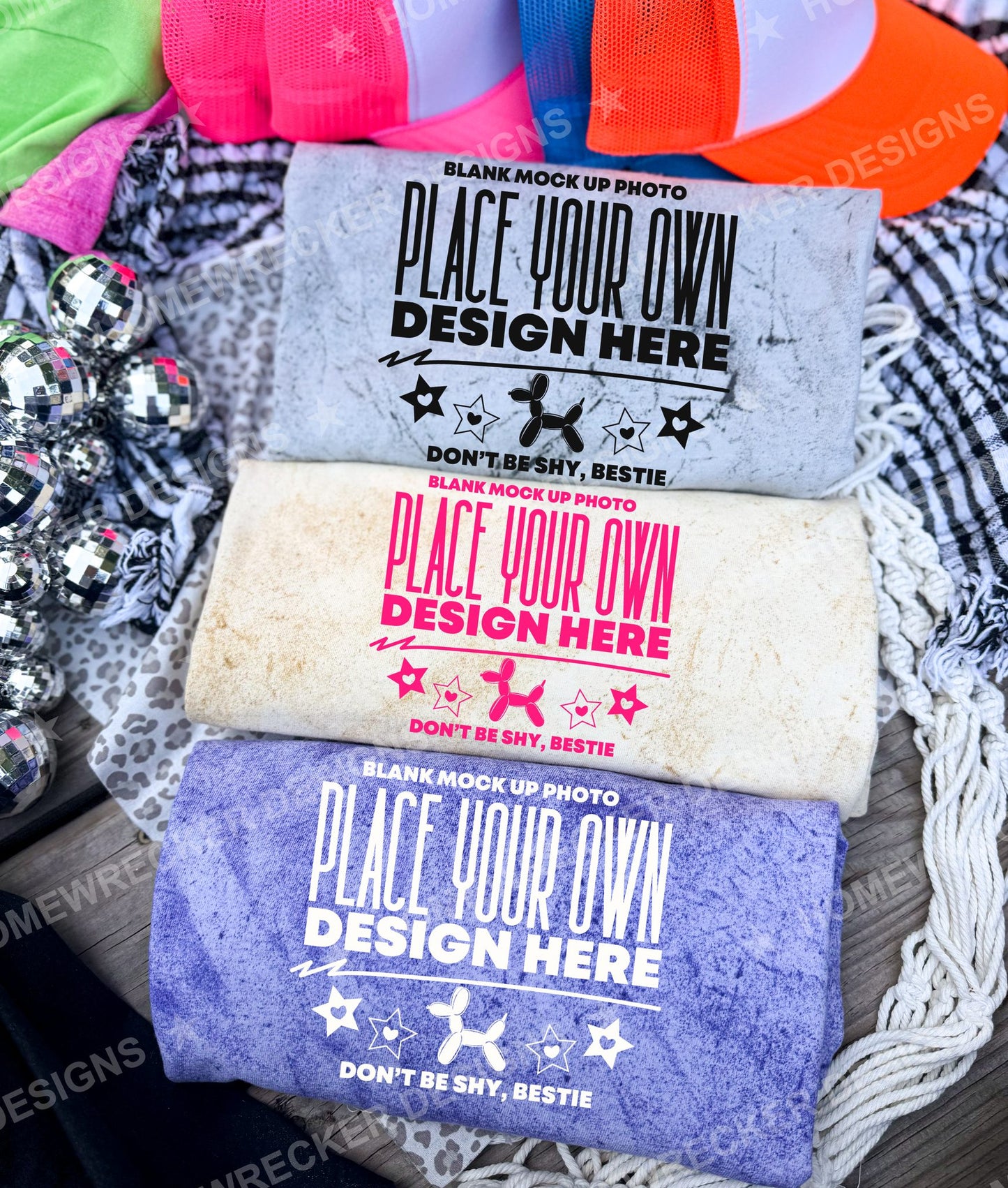 Blank Comfort Colors Colorblast t-shirt in Smoke, Citrine and Amethyst, flat lay mockup photo from Homewrecker Design Shop