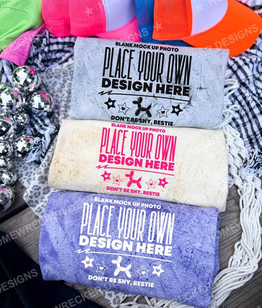 Blank Comfort Colors Colorblast t-shirt in Smoke, Citrine and Amethyst, flat lay mockup photo from Homewrecker Design Shop