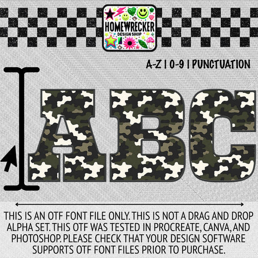 Camo #3 OTF Font, Faux Embroidery, Block Letter Style OTF Font Clipart Make your own designs Digital Download