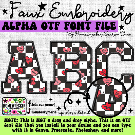 Valentine Checkered with Candy Hearts OTF Font, Faux Embroidery, Varsity Letter Style OTF Font Clipart Make your own designs Digital Download