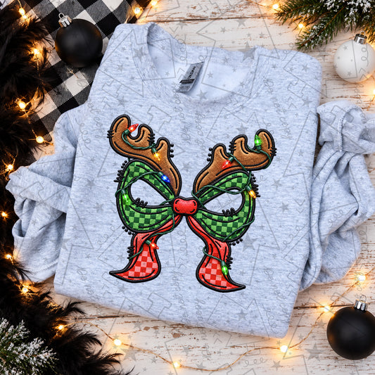 Watermarked preview: Checkered Reindeer Bow Faux emb