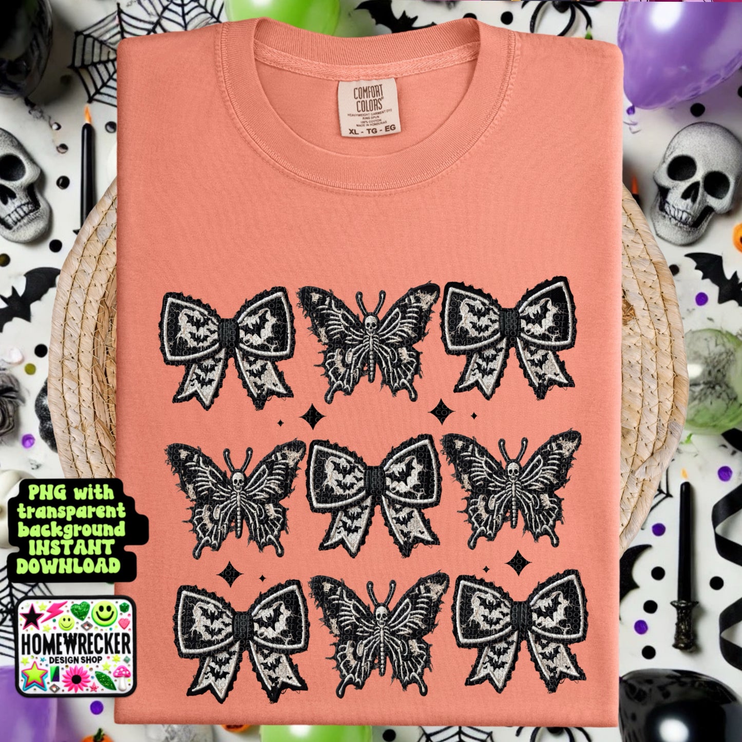 Bows and butterflies stacked FAUX embroidery, Halloween, digital download, PNG