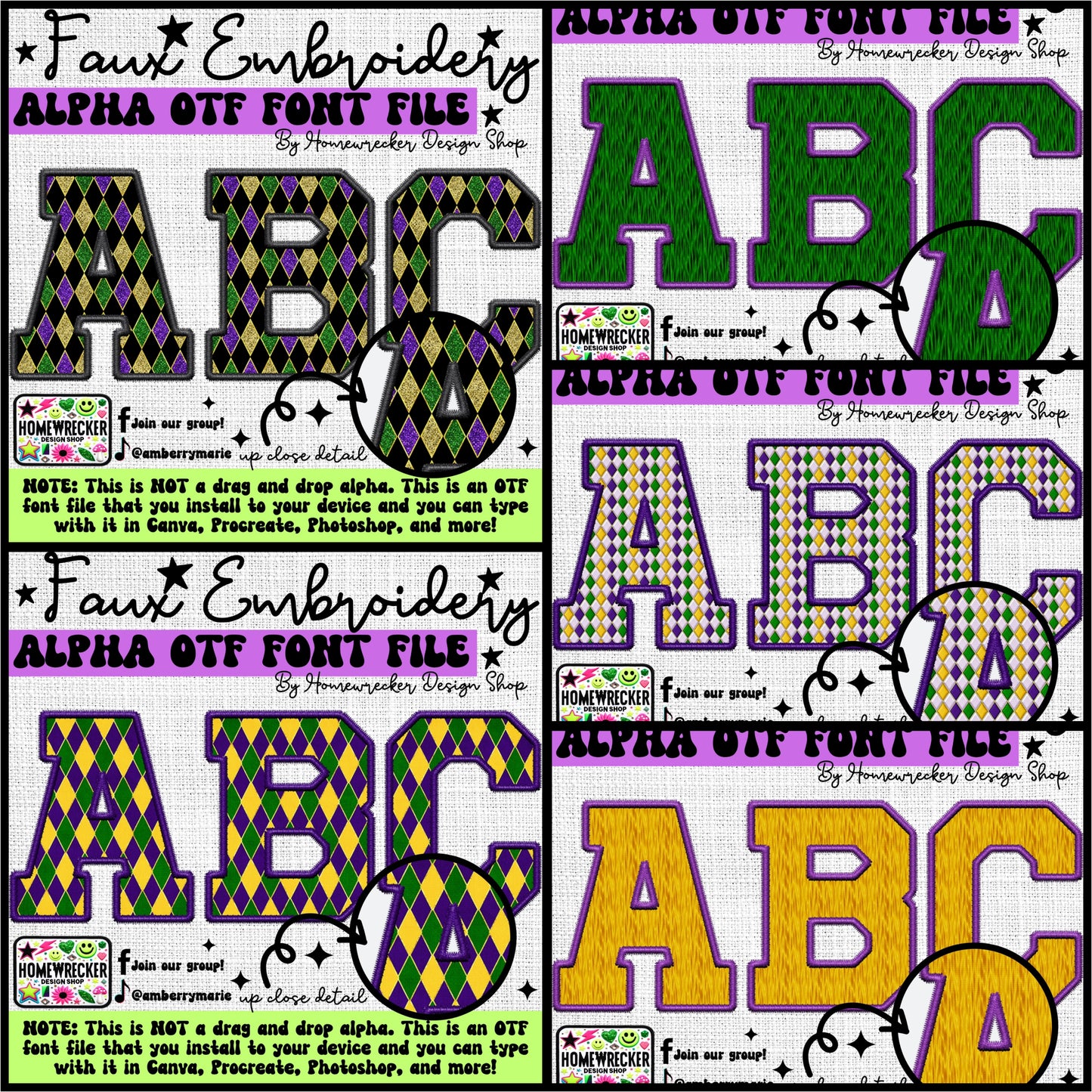 Mardi Gras Pattern Faux Embroidery 5pc OTF FONT Bundle