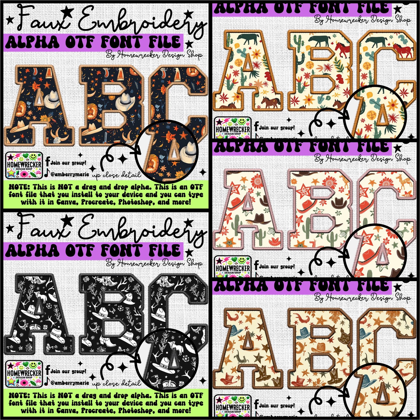 Western Faux Embroidery 5pc OTF FONT Bundle