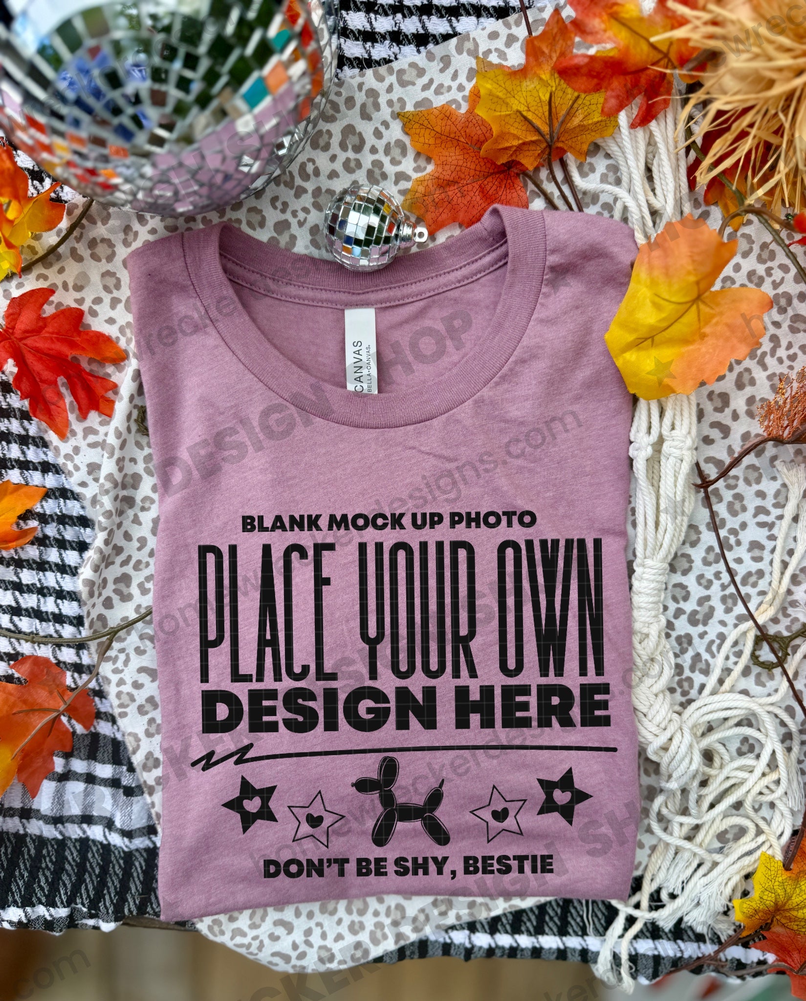 Blank Bella + Canvas 3001 t-shirt in Heather Mauve, fall styling, folded mockup photo from Homewrecker Design Shop