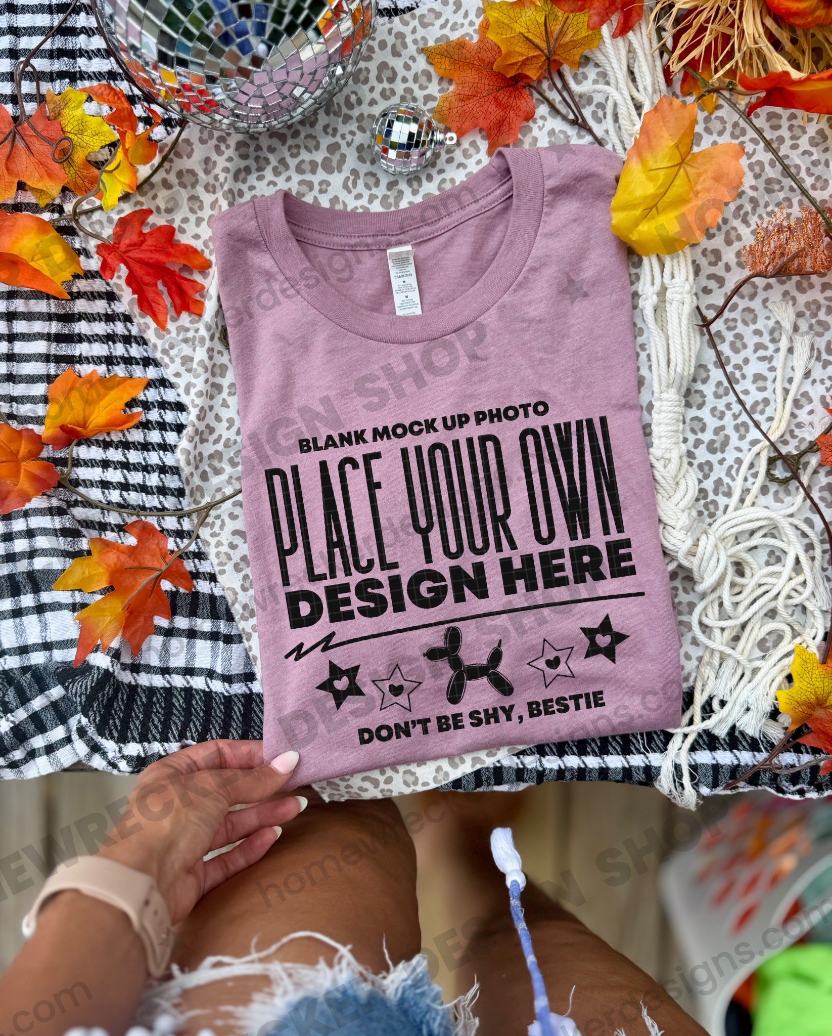Blank Bella + Canvas 3001 t-shirt in Heather Mauve, fall styling, folded 2 mockup photo from Homewrecker Design Shop