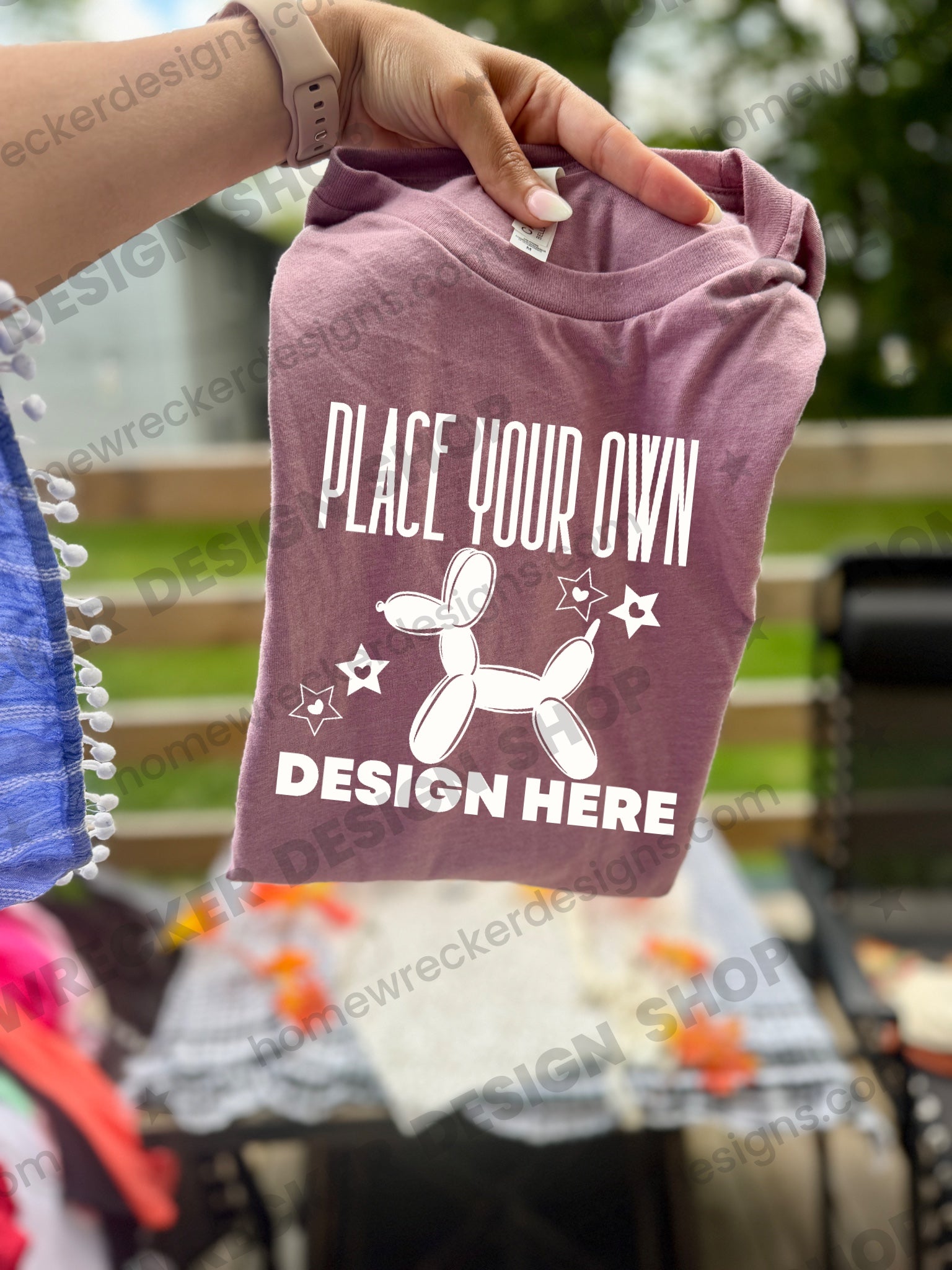 Blank Bella + Canvas 3001 t-shirt in Heather Mauve, fall styling, in hand mockup photo from Homewrecker Design Shop