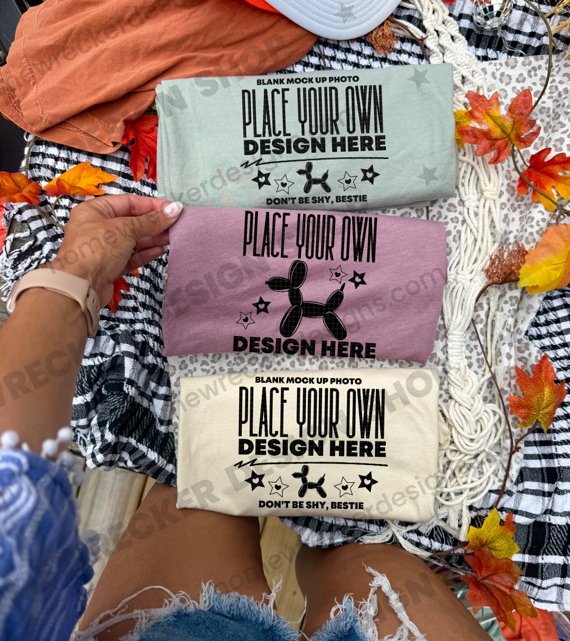 Blank Comfort Colors 1717 Bay, Bella + Canvas 3001 Heather Mauve and Gildan 64000 Softstyle Natural t-shirt, fall styling, flat lay 2 mockup photo from Homewrecker Design Shop