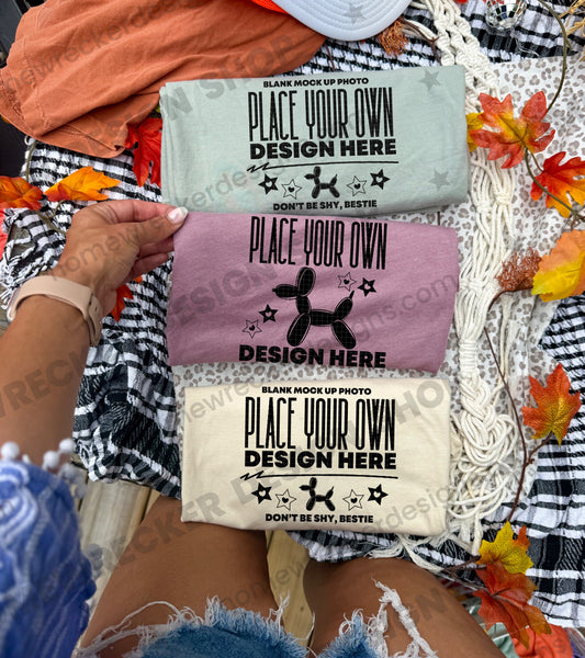 Blank Comfort Colors 1717 Bay, Bella + Canvas 3001 Heather Mauve and Gildan 64000 Softstyle Natural t-shirt, fall styling, flat lay 2 mockup photo from Homewrecker Design Shop