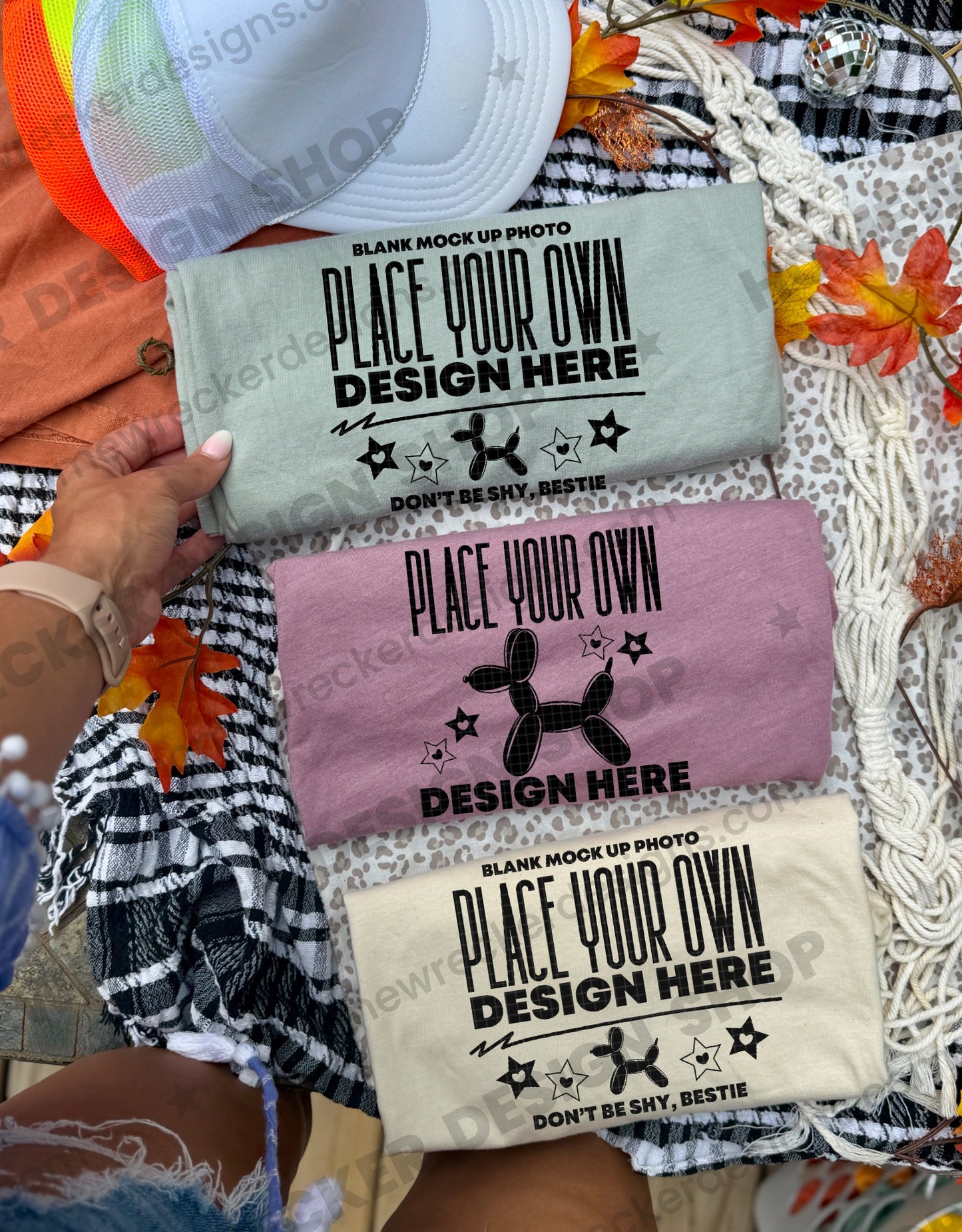Blank Comfort Colors 1717 Bay, Bella + Canvas 3001 Heather Mauve and Gildan 64000 Softstyle Natural t-shirt, fall styling, flat lay 3 mockup photo from Homewrecker Design Shop