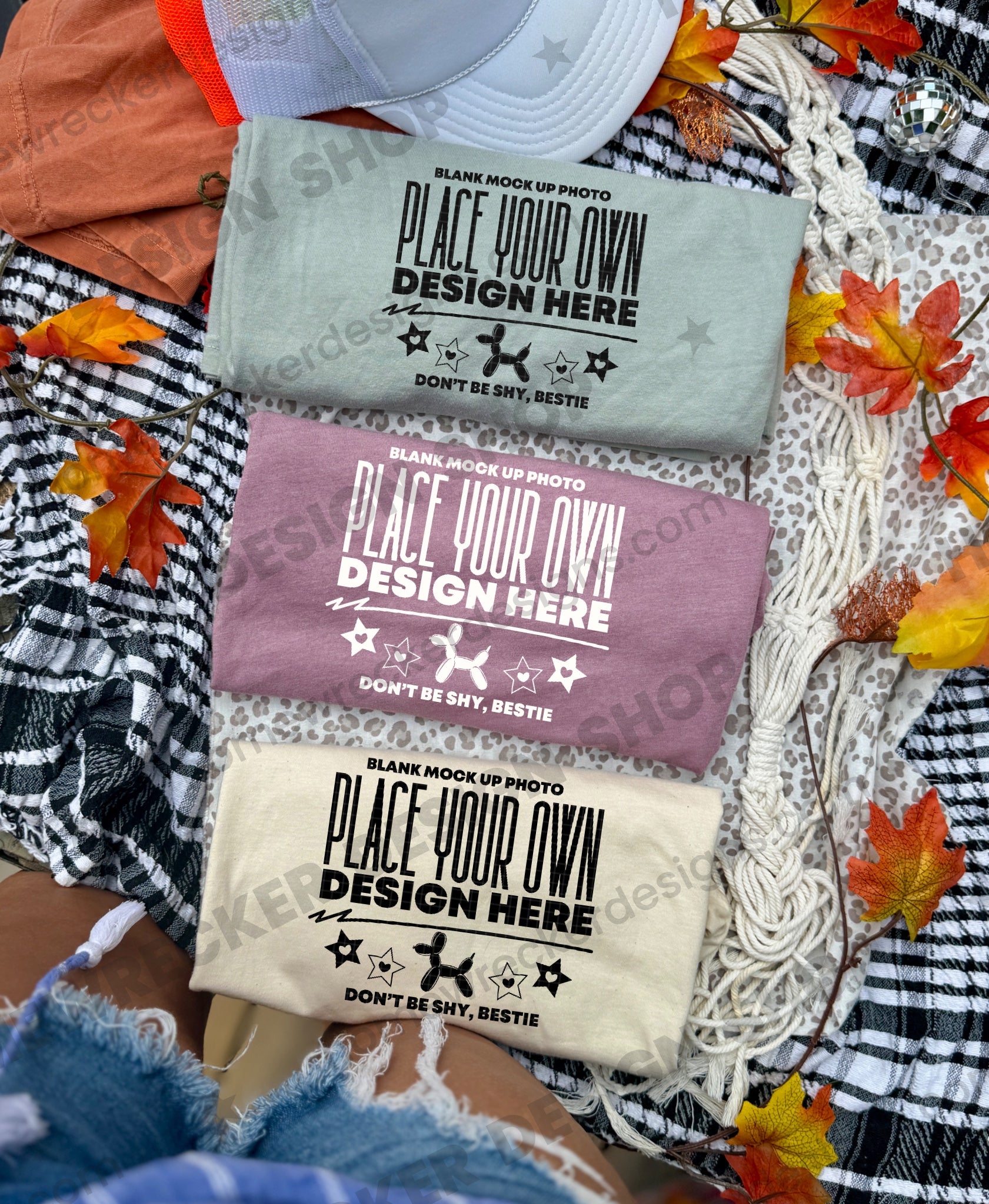 Blank Comfort Colors 1717 Bay, Bella + Canvas 3001 Heather Mauve and Gildan 64000 Softstyle Natural t-shirt, fall styling, flat lay 4 mockup photo from Homewrecker Design Shop