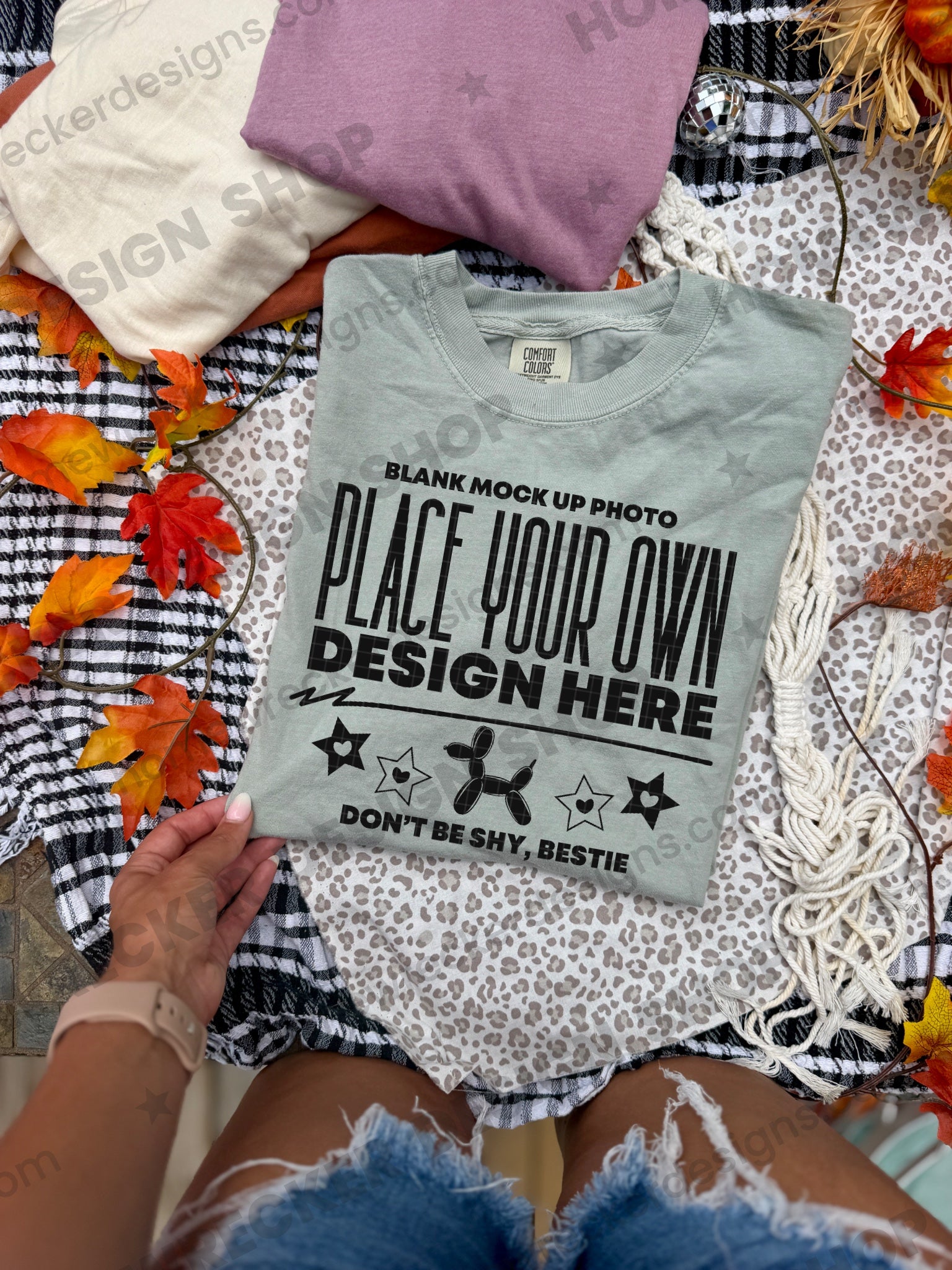 Blank Comfort Colors 1717 t-shirt in Bay, fall styling, folded 2 mockup photo from Homewrecker Design Shop