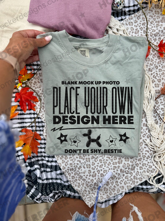 Blank Comfort Colors 1717 t-shirt in Bay, fall styling, folded 3 mockup photo from Homewrecker Design Shop