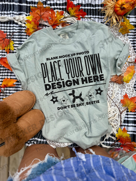 Blank Comfort Colors 1717 t-shirt in Bay, fall styling, front view 2 mockup photo from Homewrecker Design Shop