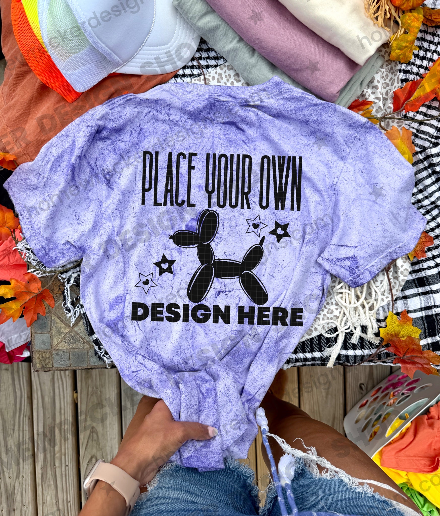 Blank Comfort Colors Colorblast t-shirt in Amethyst, fall styling, tied back mockup photo from Homewrecker Design Shop
