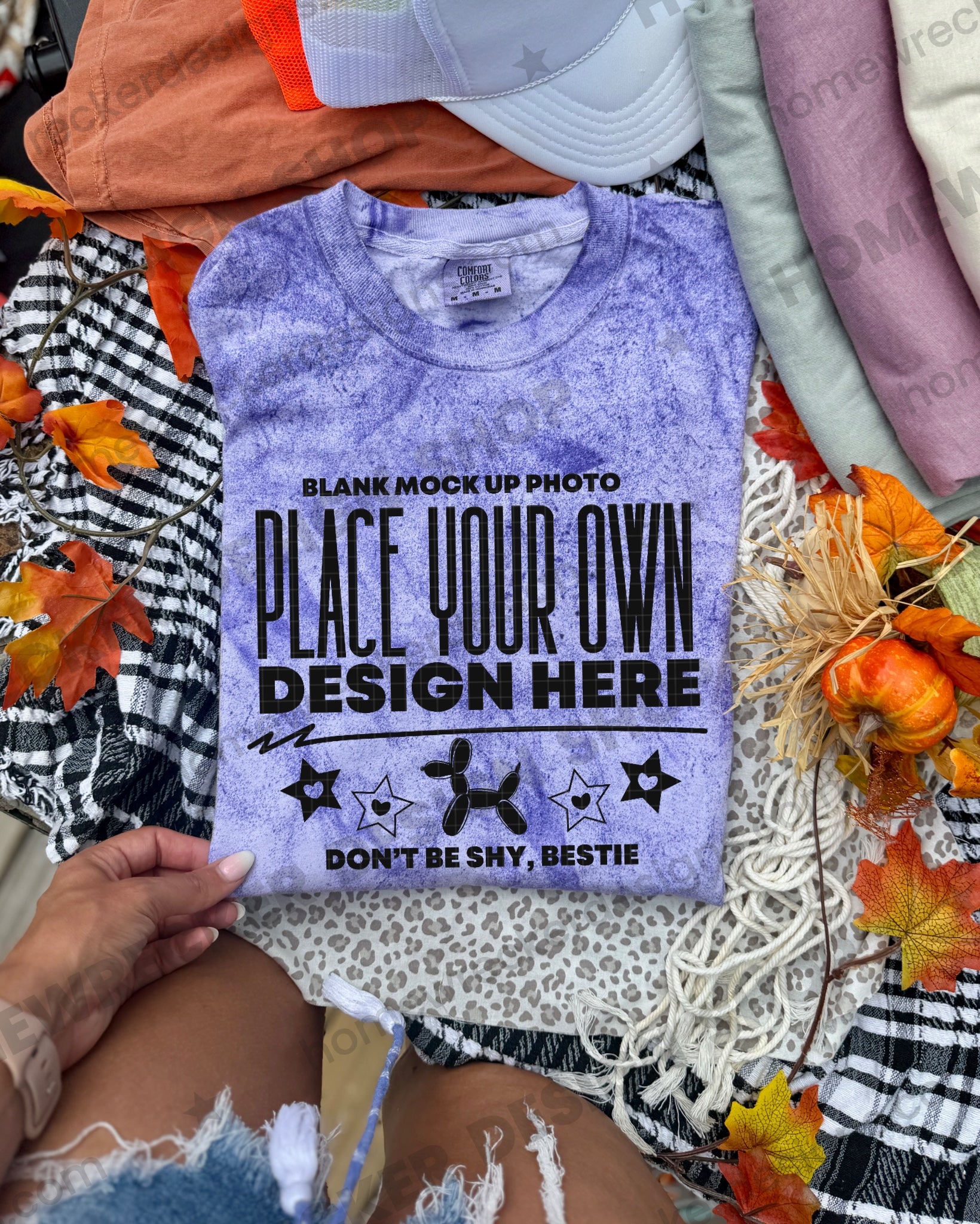 Blank Comfort Colors Colorblast t-shirt in Amethyst, fall styling, folded mockup photo from Homewrecker Design Shop