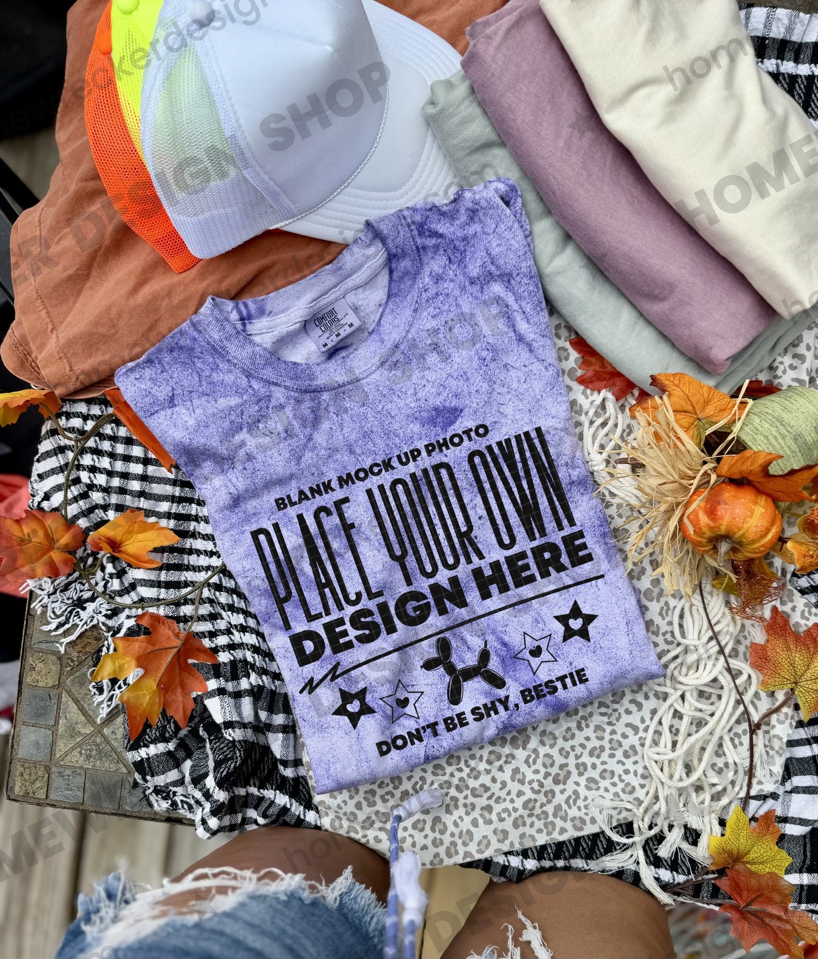 Blank Comfort Colors Colorblast t-shirt in Amethyst, fall styling, folded 2 mockup photo from Homewrecker Design Shop