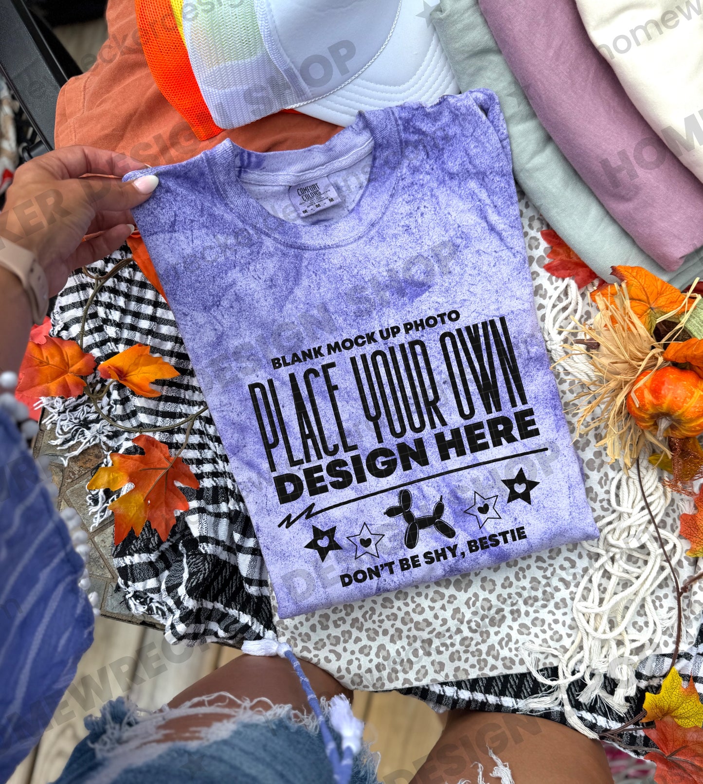 Blank Comfort Colors Colorblast t-shirt in Amethyst, fall styling, folded 3 mockup photo from Homewrecker Design Shop