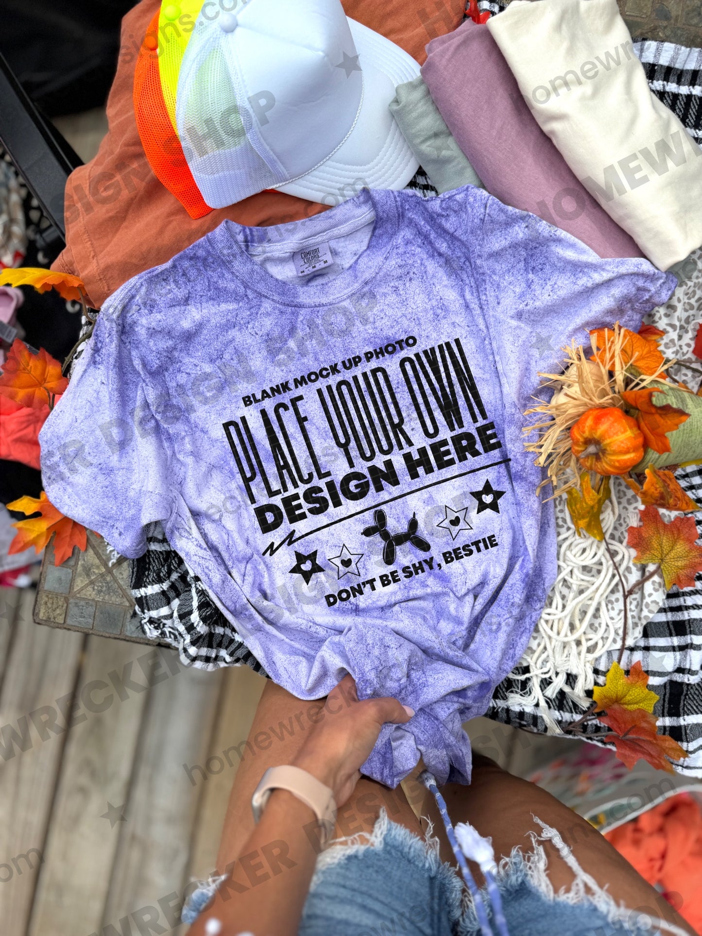 Blank Comfort Colors Colorblast t-shirt in Amethyst, fall styling, tied front mockup photo from Homewrecker Design Shop