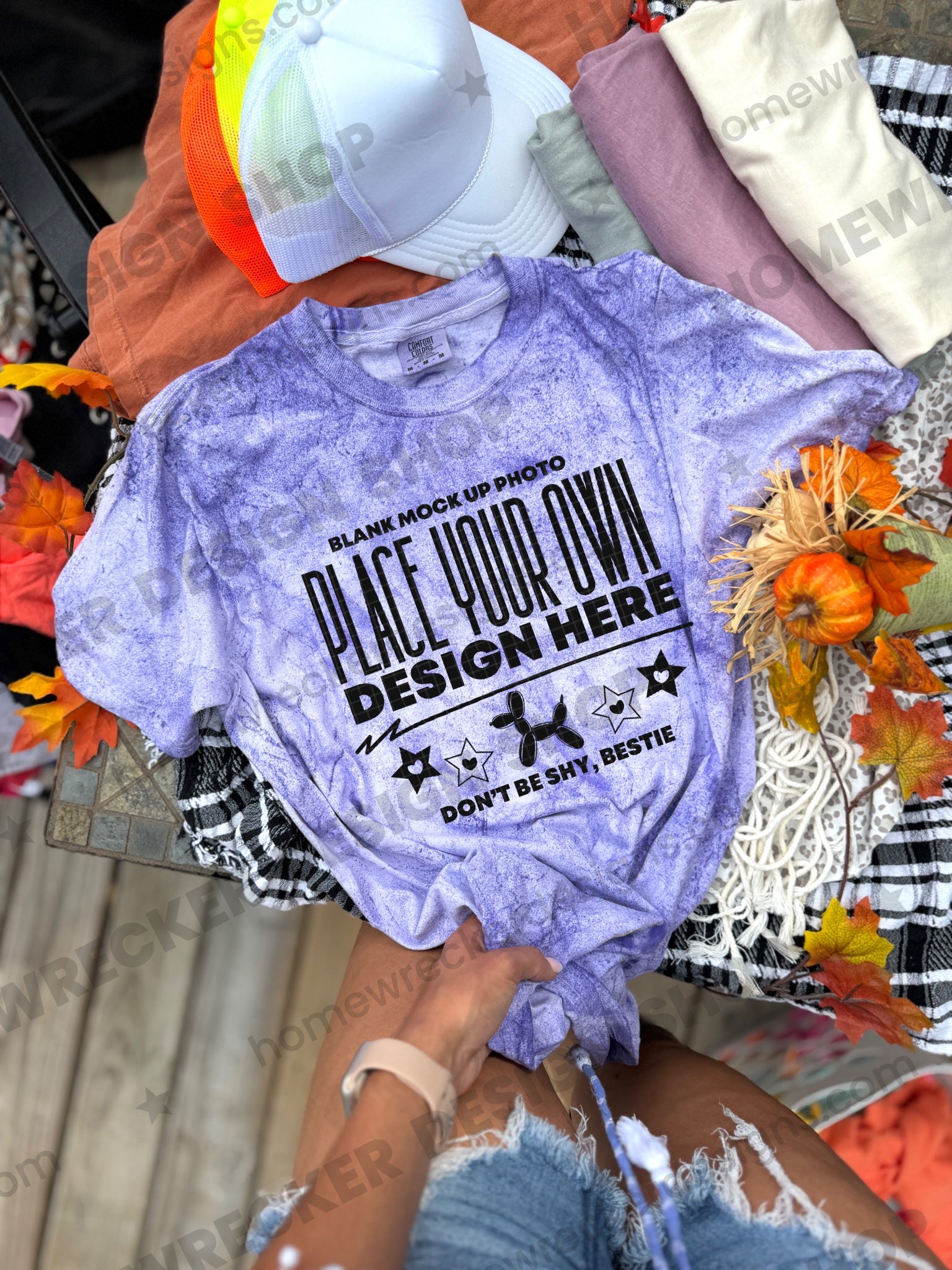Blank Comfort Colors Colorblast t-shirt in Amethyst, fall styling, tied front mockup photo from Homewrecker Design Shop