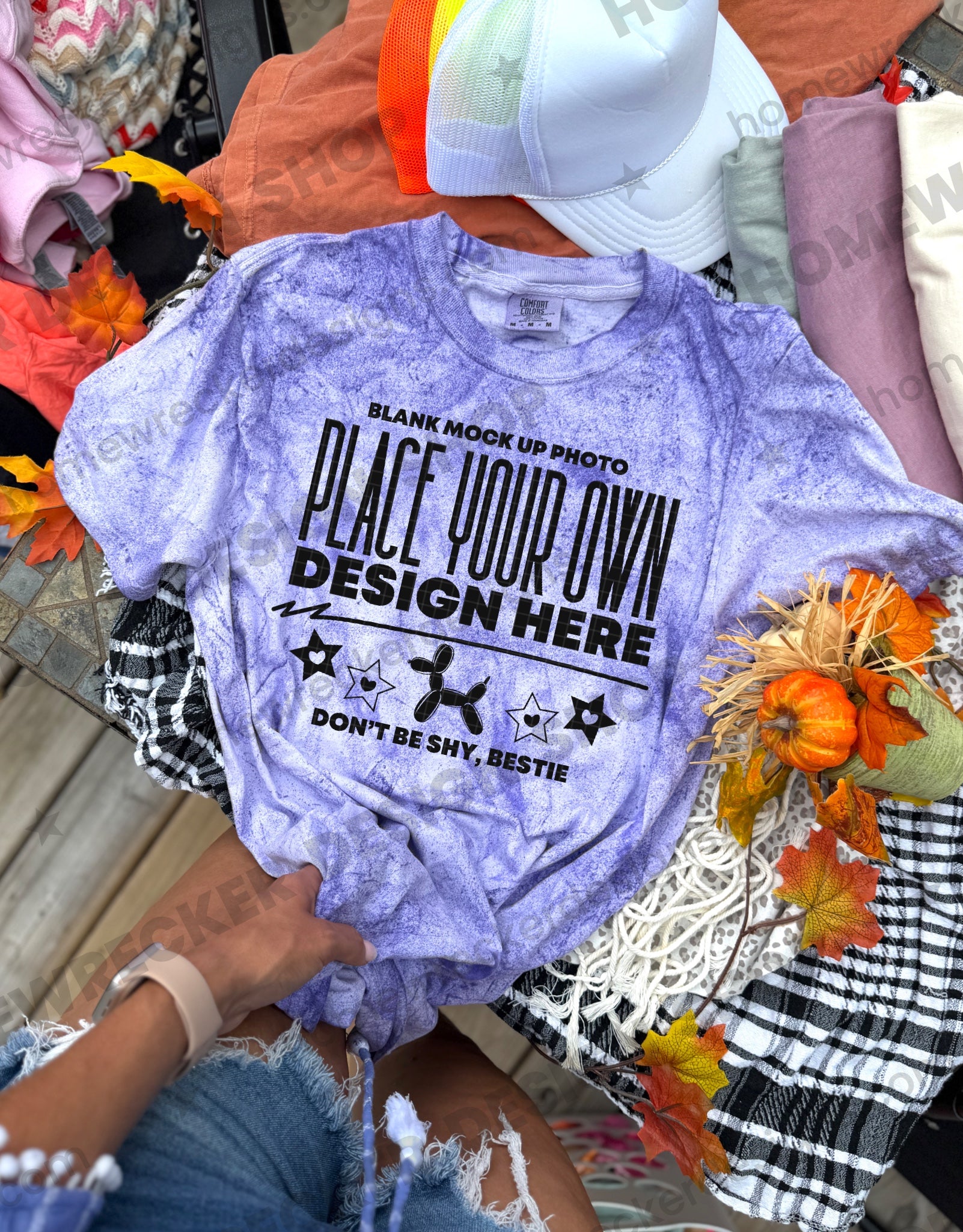 Blank Comfort Colors Colorblast t-shirt in Amethyst, fall styling, tied front 2 mockup photo from Homewrecker Design Shop