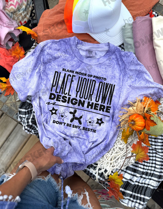 Blank Comfort Colors Colorblast t-shirt in Amethyst, fall styling, tied front 2 mockup photo from Homewrecker Design Shop