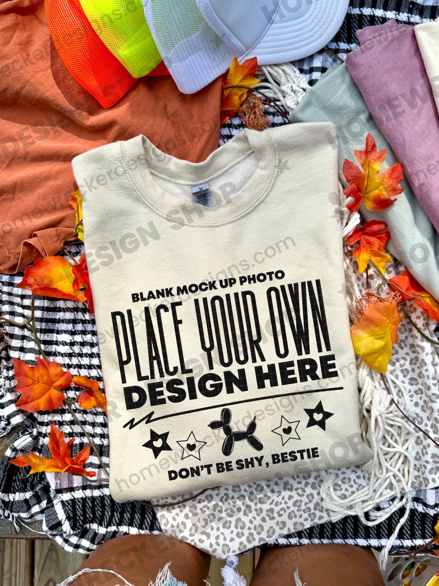 Blank Gildan 18000 sweatshirt in Sand, fall styling, folded mockup photo from Homewrecker Design Shop