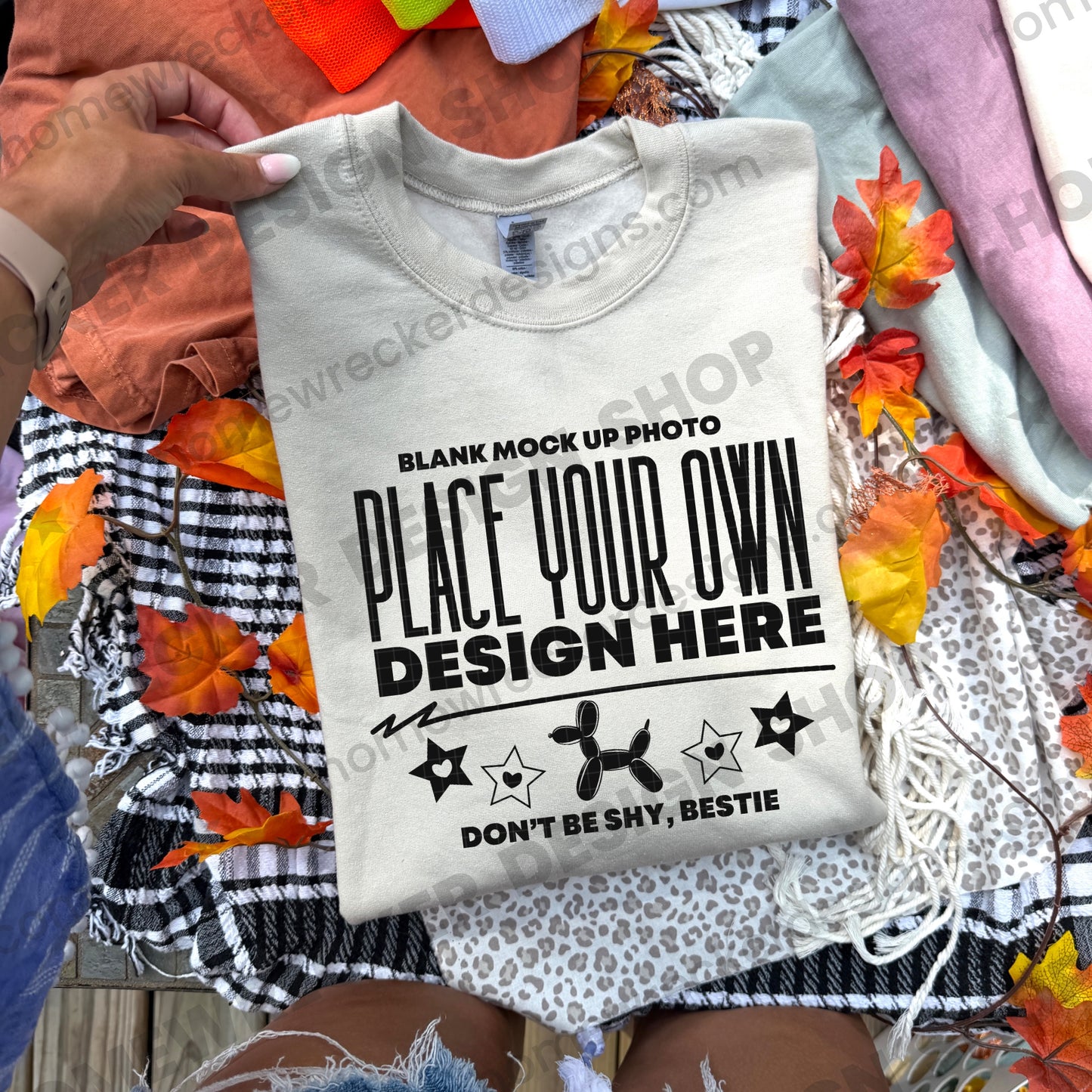 Blank Gildan 18000 sweatshirt in Sand, fall styling, folded 2 mockup photo from Homewrecker Design Shop