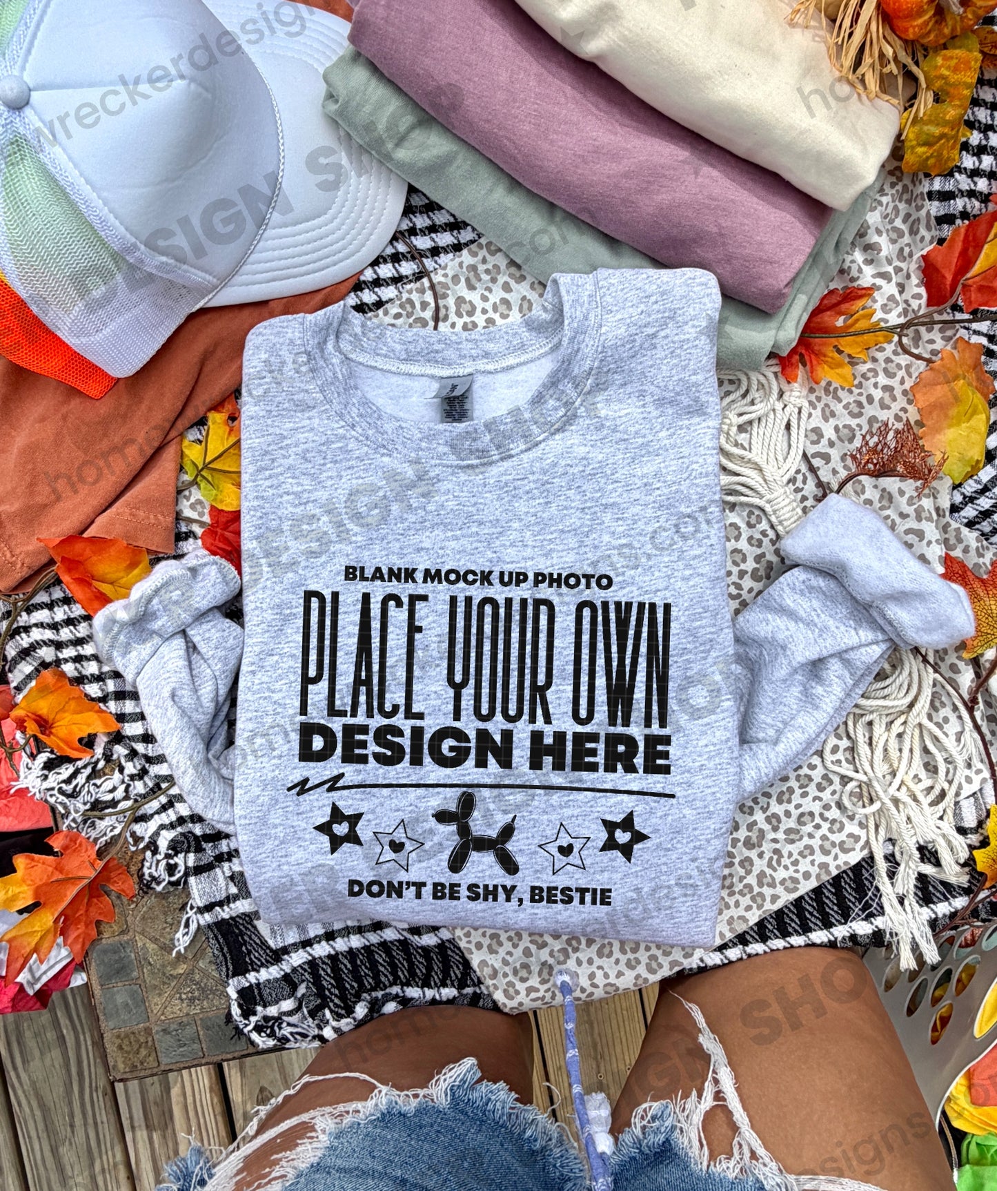 Blank Gildan 18000 sweatshirt in Sport Grey, fall styling, folded mockup photo from Homewrecker Design Shop