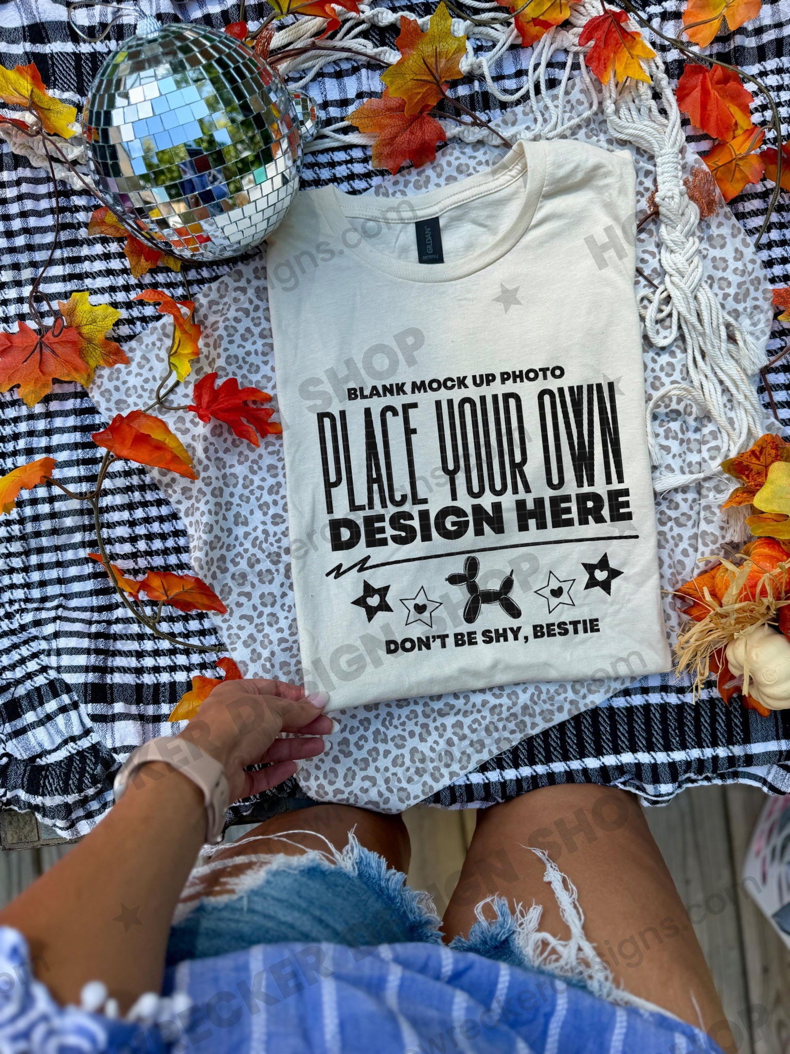 Blank Gildan 64000 Softstyle t-shirt in Natural, fall styling, folded mockup photo from Homewrecker Design Shop