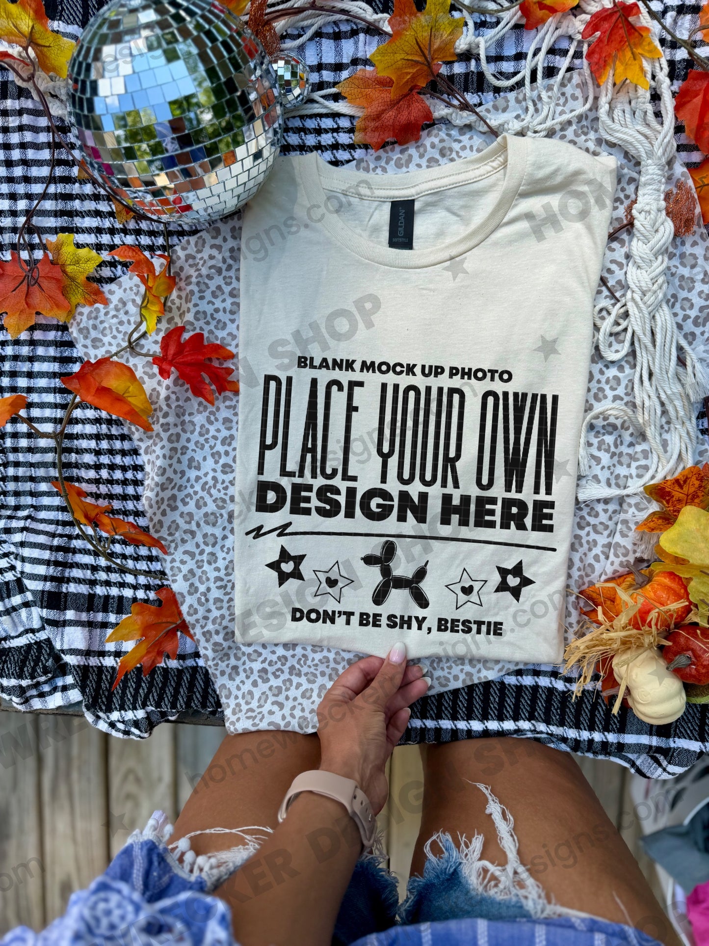 Blank Gildan 64000 Softstyle t-shirt in Natural, fall styling, folded 2 mockup photo from Homewrecker Design Shop