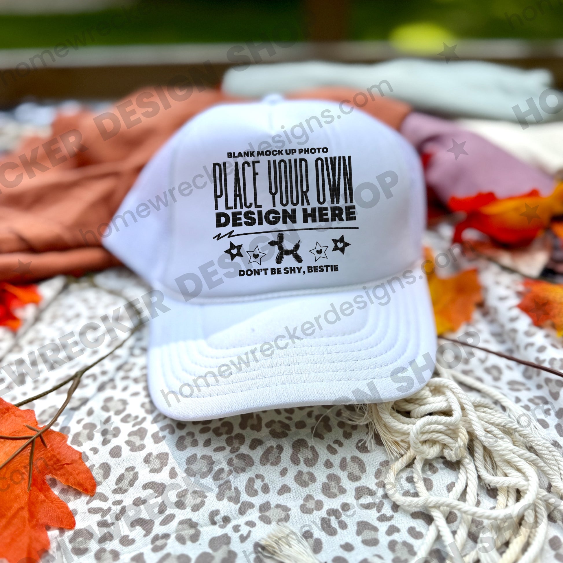 Blank Otto trucker hat in White, fall styling, angle mockup photo from Homewrecker Design Shop