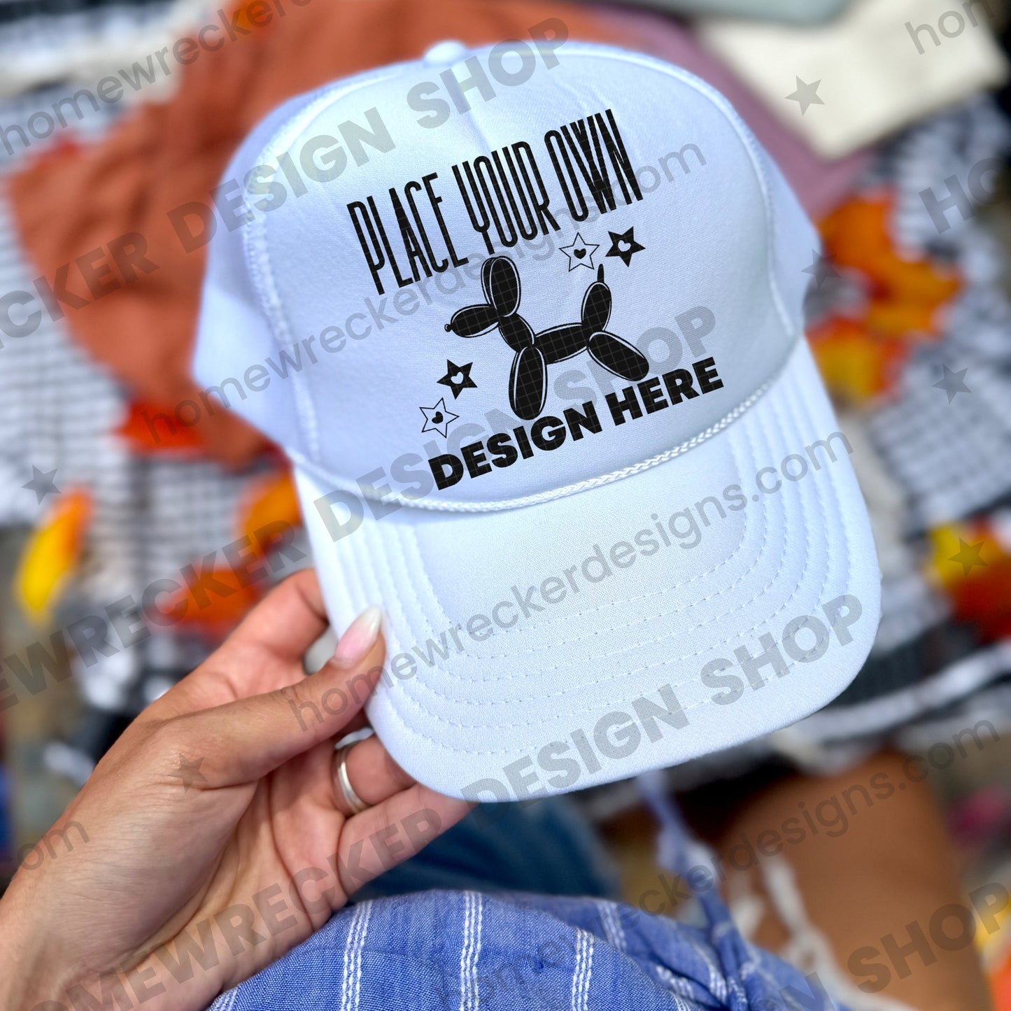 Blank Otto trucker hat in White, fall styling, angle 2 mockup photo from Homewrecker Design Shop