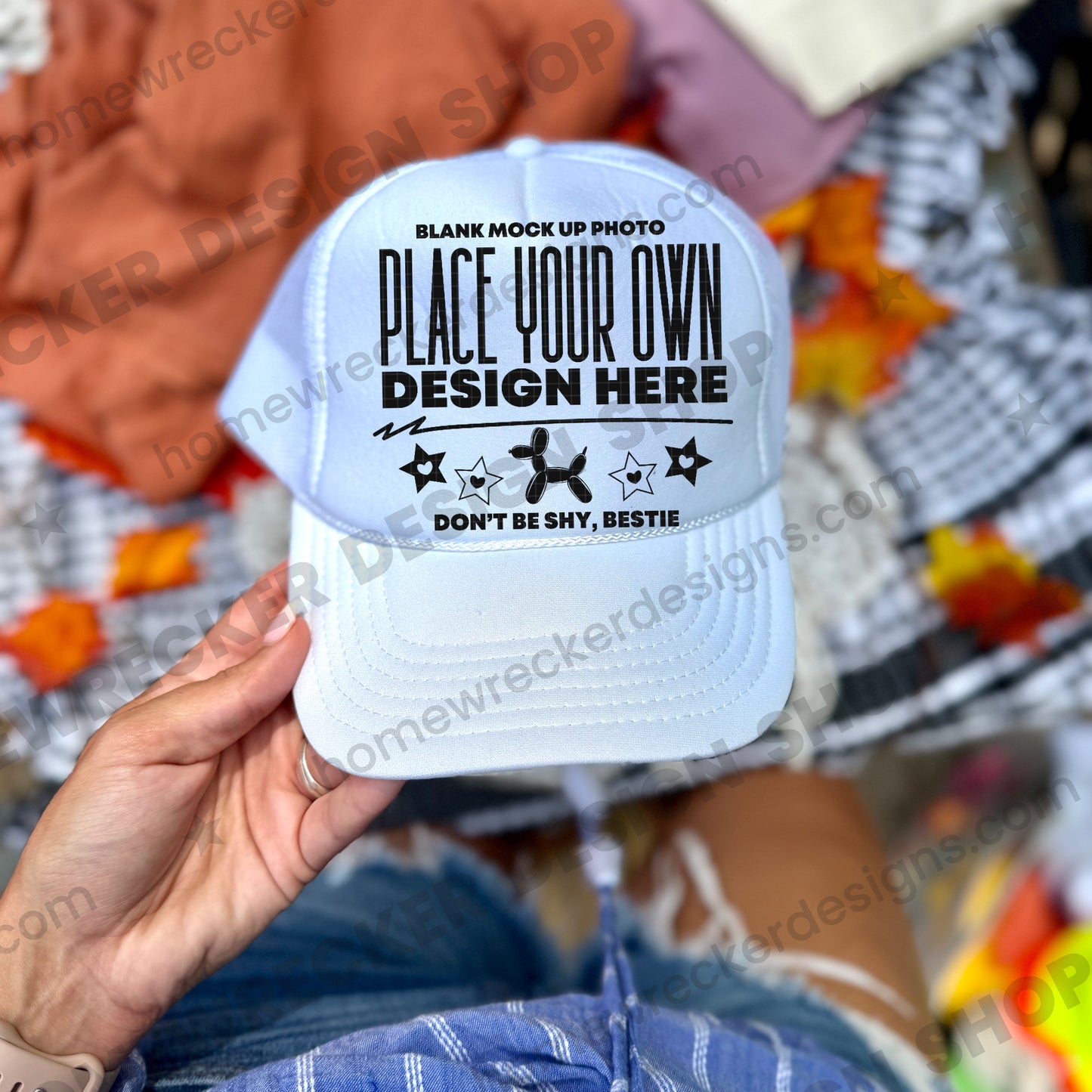Blank Otto trucker hat in White, fall styling, front view mockup photo from Homewrecker Design Shop