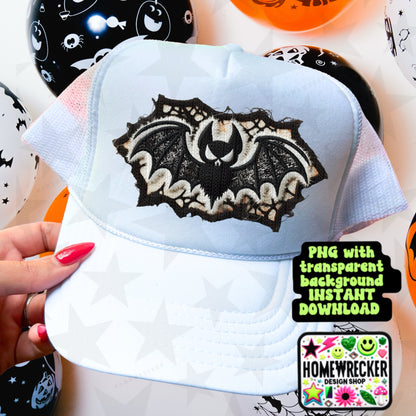 Bat Distressed FAUX embroidery, Halloween, digital download, PNG