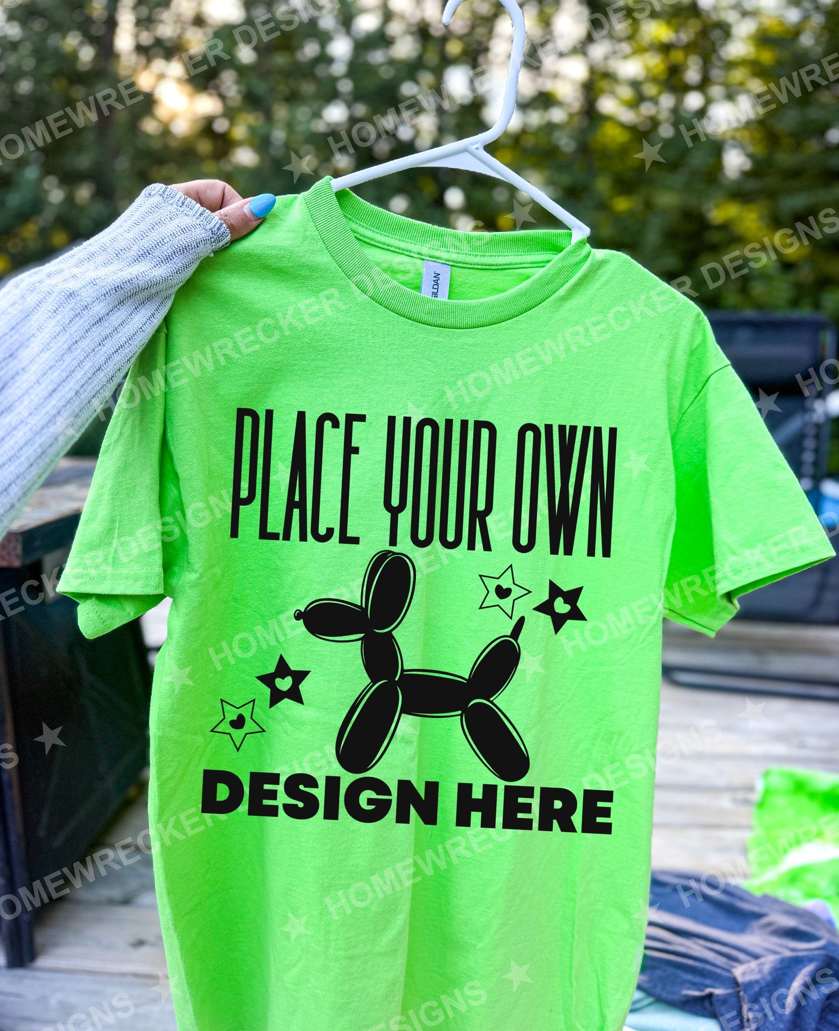 Blank Gildan 5000 t-shirt in Lime, hanging mockup photo from Homewrecker Design Shop