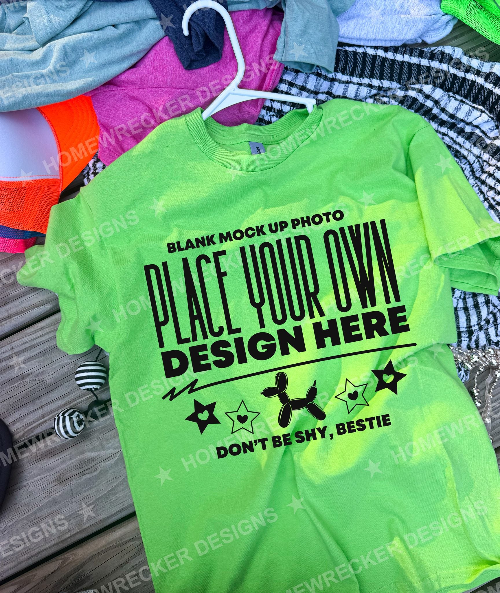 Blank Gildan 5000 t-shirt in Lime, hanging mockup photo from Homewrecker Design Shop