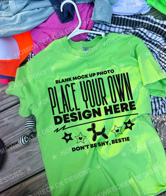 Blank Gildan 5000 t-shirt in Lime, hanging mockup photo from Homewrecker Design Shop