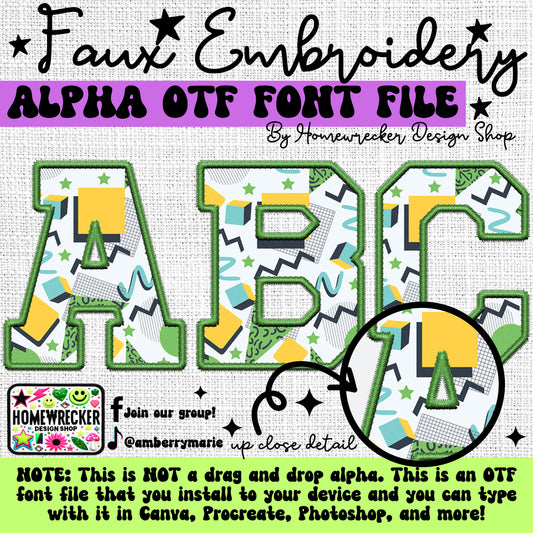 Green Yellow 90s OTF Font, Faux Embroidery, Varsity Letter Style OTF Font Clipart Make your own designs Digital Download