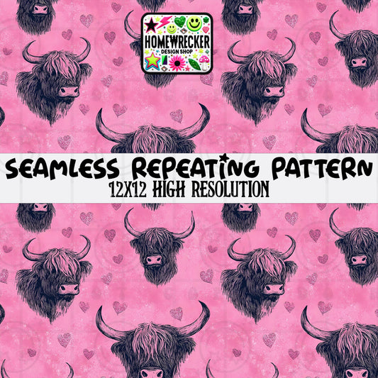 Purple Highland Cow Hearts Vday Seamless Pattern 12x12
