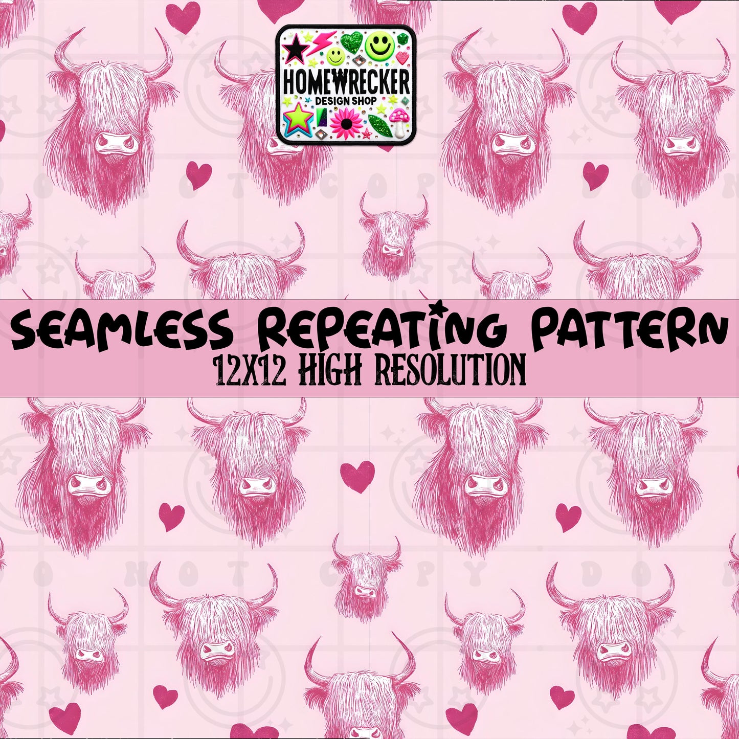 Muted Pink Highland Cow Head Hearts Vday Seamless Pattern 12x12