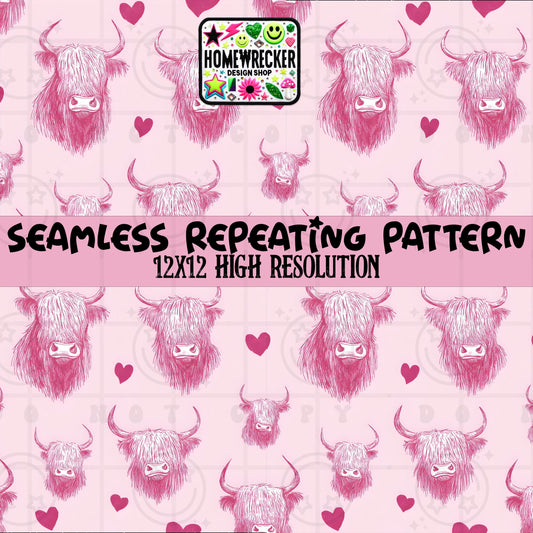Muted Pink Highland Cow Head Hearts Vday Seamless Pattern 12x12