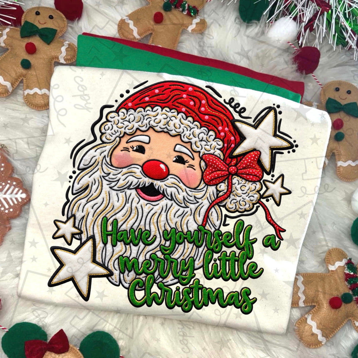 Watermarked mockup of Have Yourself a Merry Little Christmas Santa faux embroidery design, Skin tone 1