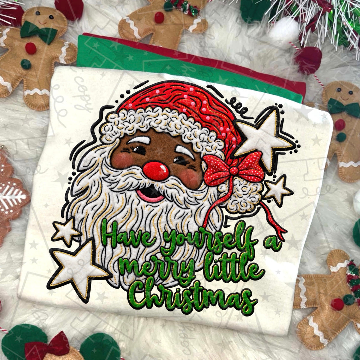 Watermarked mockup of Have Yourself a Merry Little Christmas Santa faux embroidery design, Skin tone 2