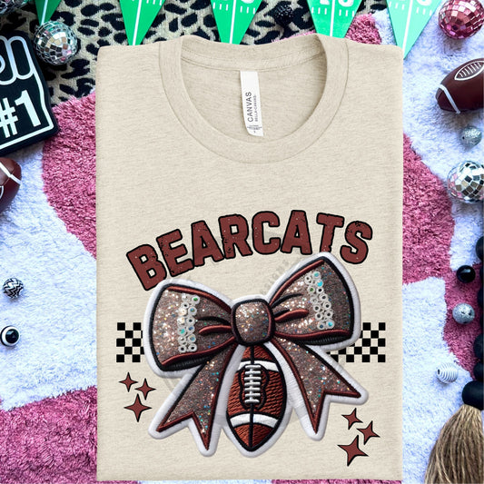 Bearcats Faux Embroidery Football Bow Team Spirit PNG