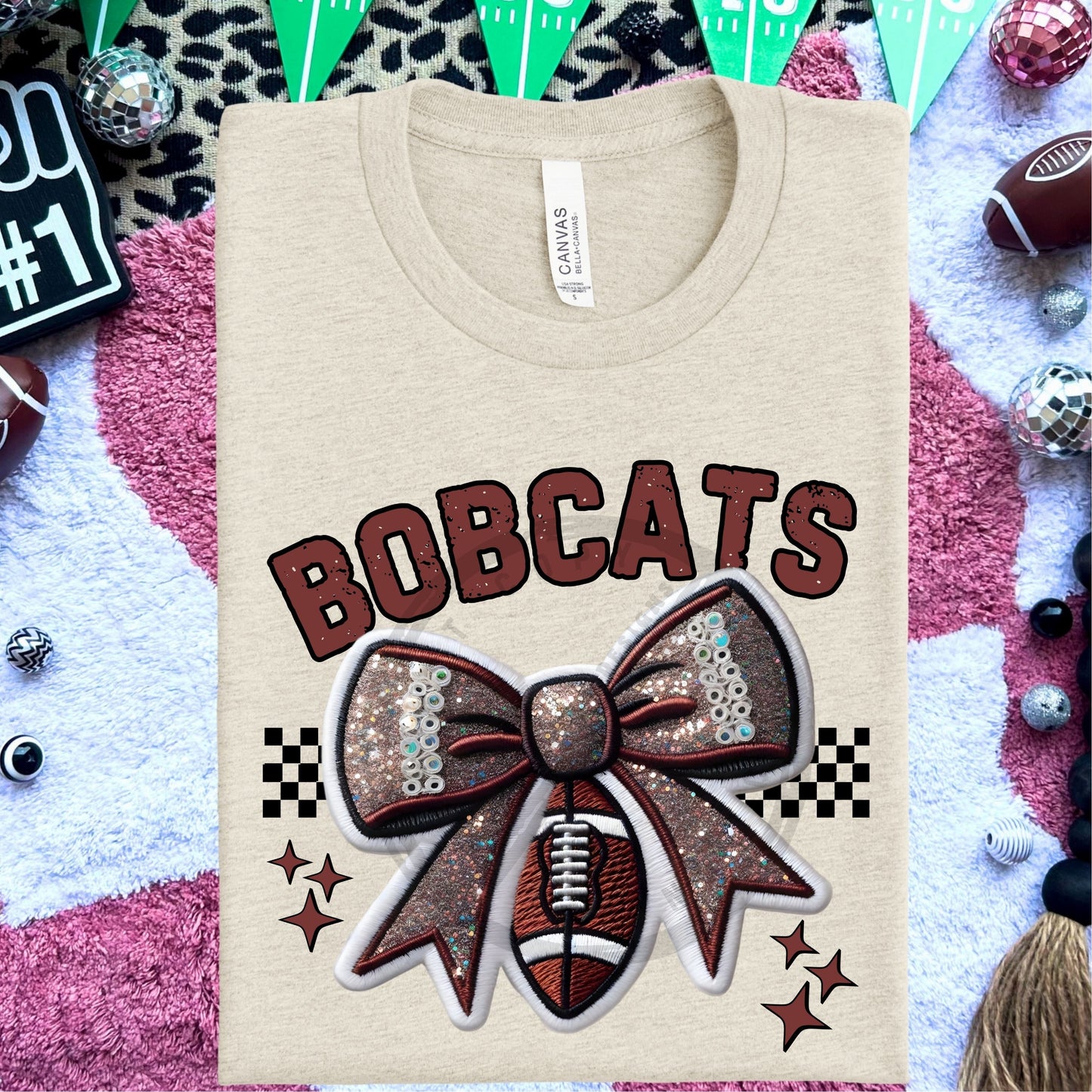 Bobcats Faux Embroidery Football Bow Team Spirit PNG