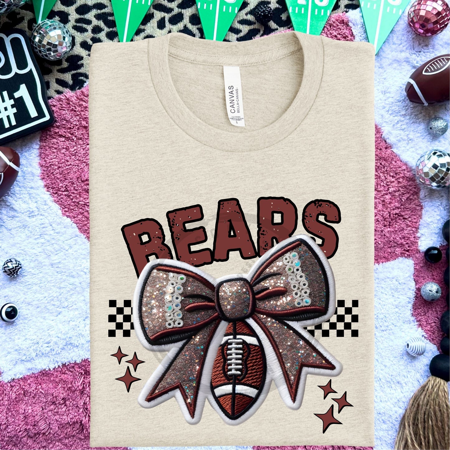 Bears Faux Embroidery Football Bow Team Spirit PNG