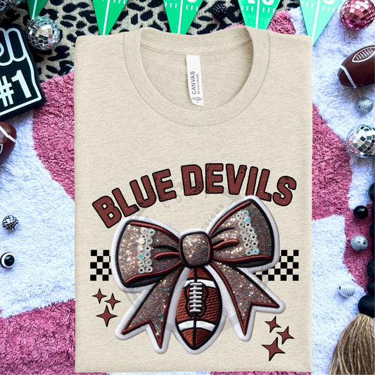 Blue Devils Faux Embroidery Football Bow Team Spirit PNG