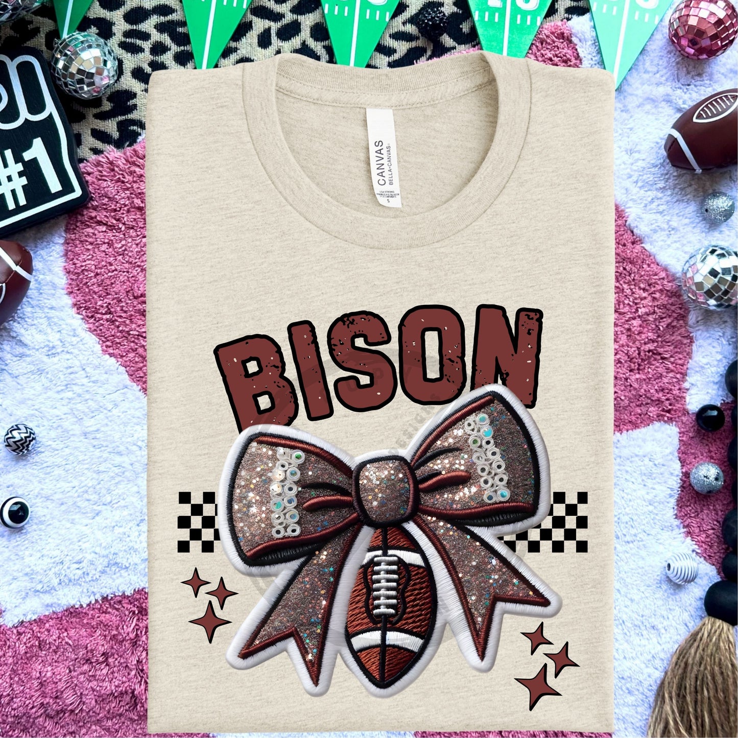 Bison Faux Embroidery Football Bow Team Spirit PNG